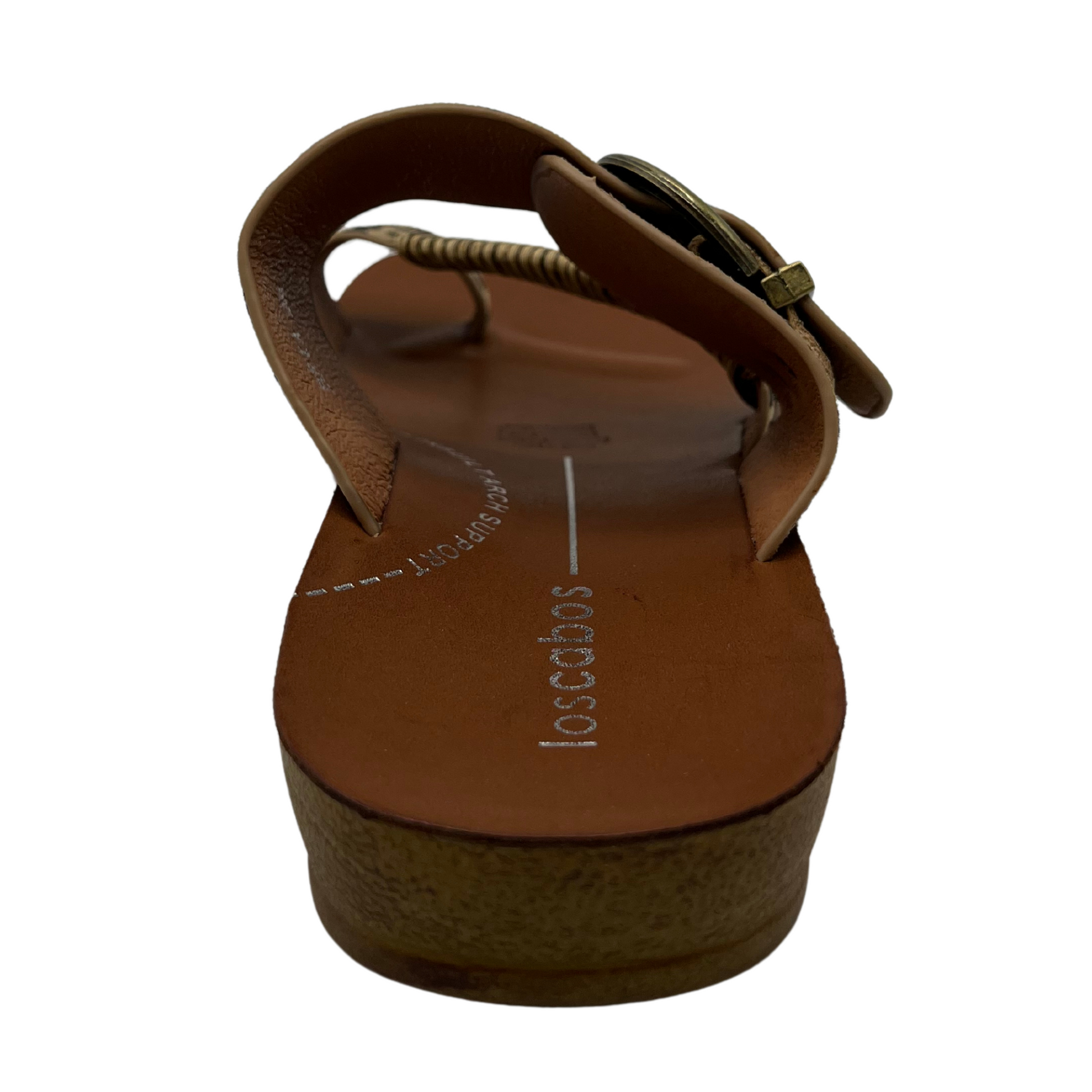 Back view of taupe leather sandal with gold buckle and brown insole