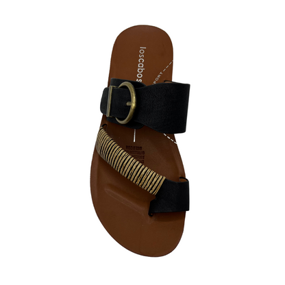 Top view of black leather sandal with gold buckle and brown insole