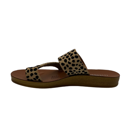 Left view of cheetah print leather sandal with gold buckle and brown insole
