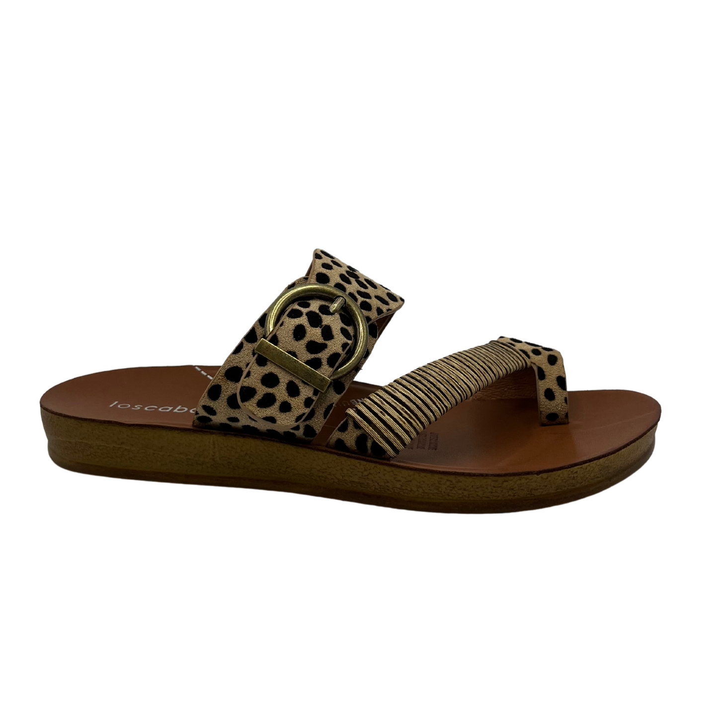 Right view of cheetah leather sandal with gold buckle and brown insole