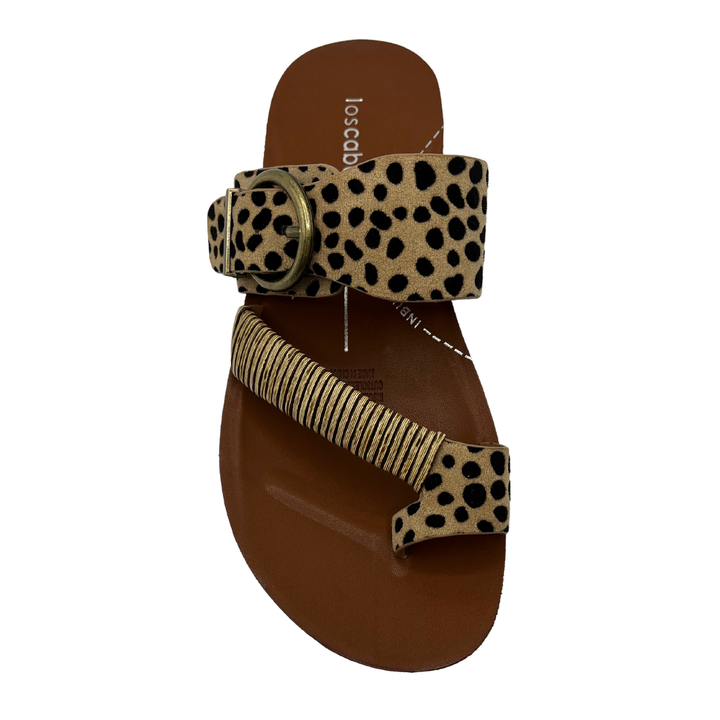 Top view of cheetah leather sandal with gold buckle and brown insole