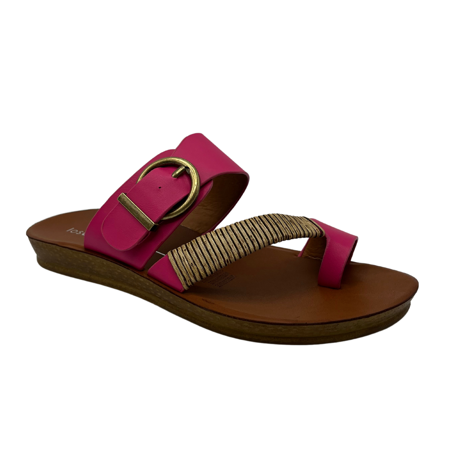 45 degree angled view of fuchsia leather sandal with gold buckle and brown insole