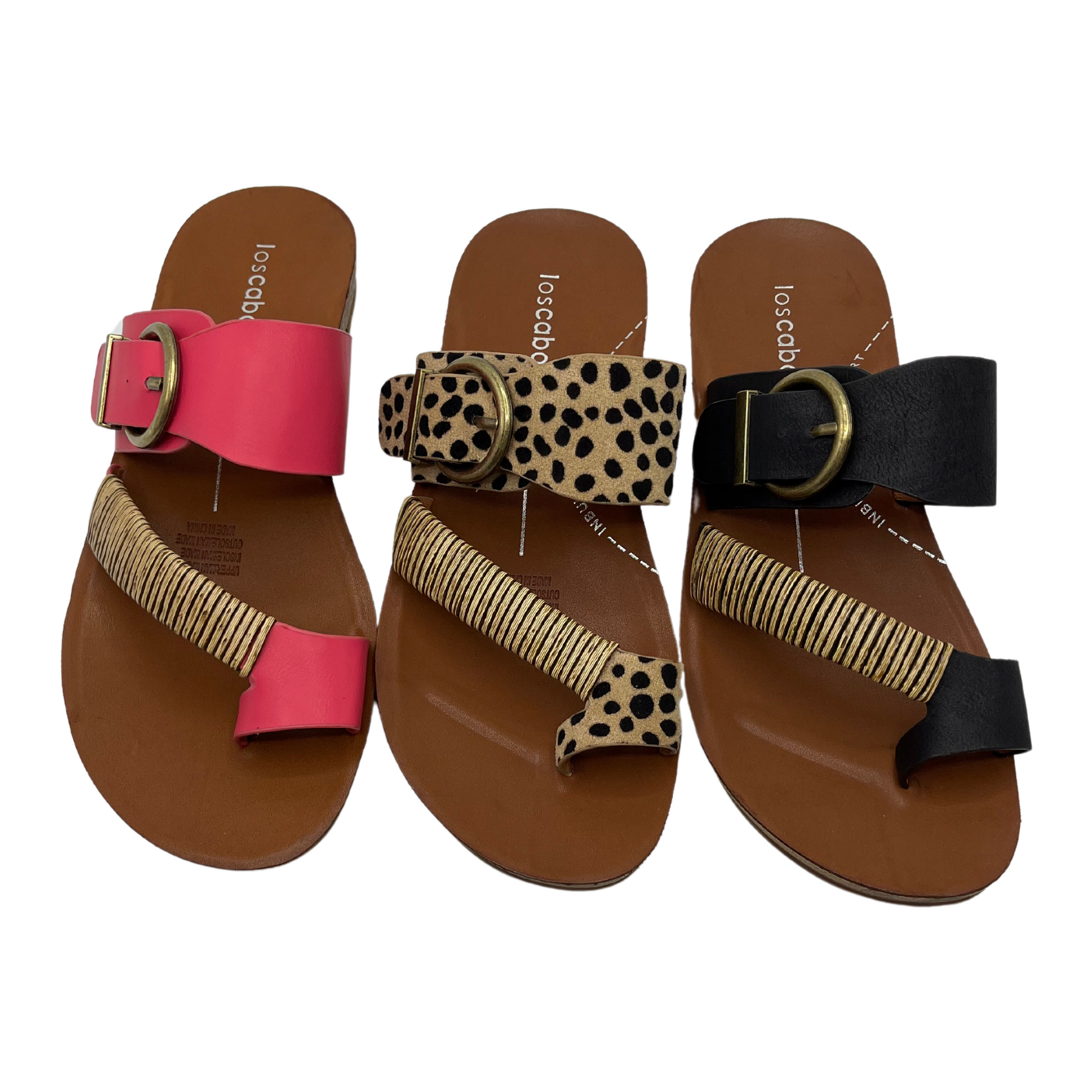 Upper view of three sandals in a row. Left one is fuchsia, middle one is cheetah print and right one is black. All have brown insoles