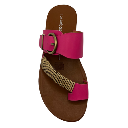 Top view of fuchsia leather sandal with gold buckle and brown insole