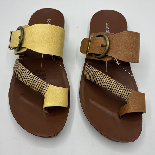 Pair of brown sandals with yellow and tan straps on a white background
