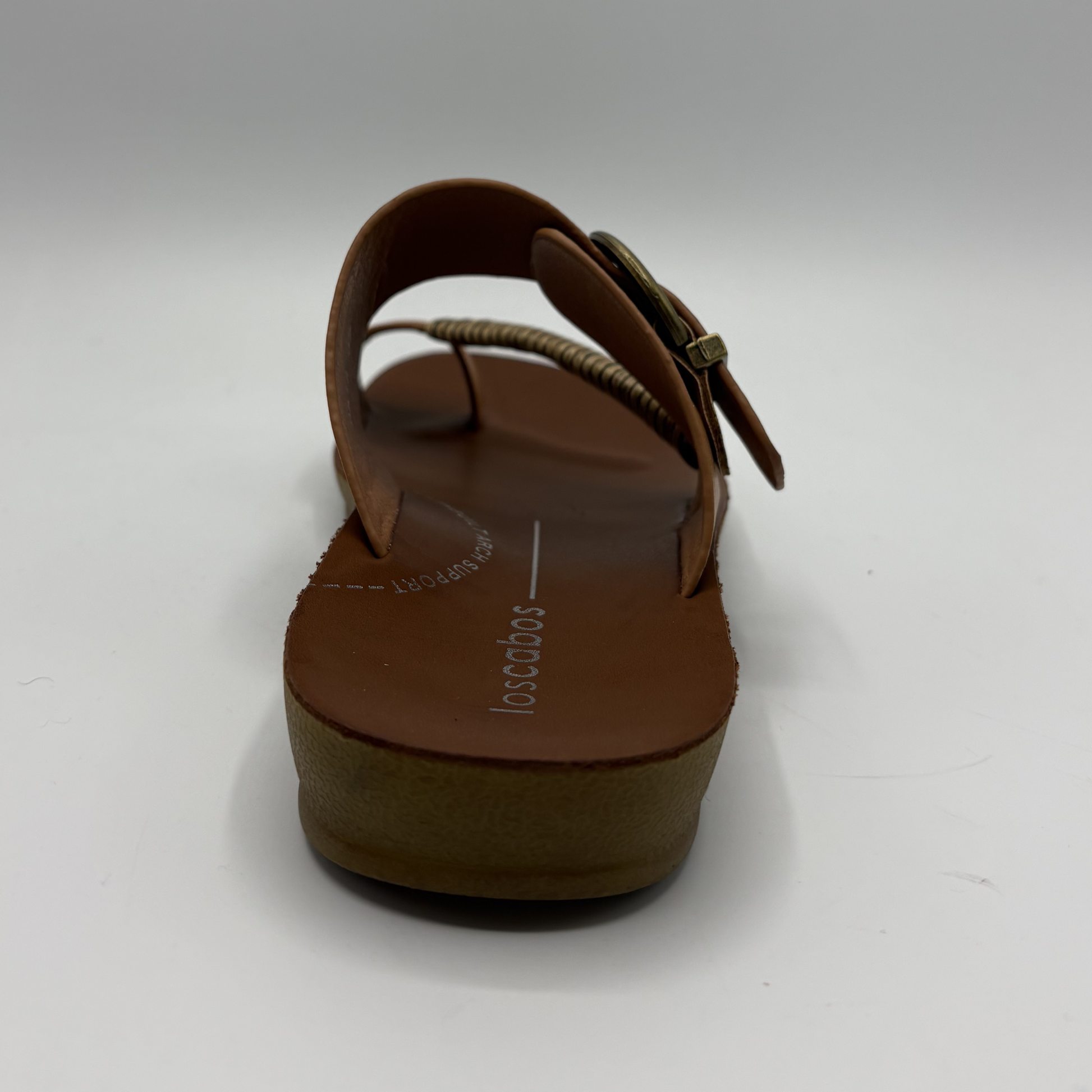 Brown sandal with 'los altos' branding on a white background