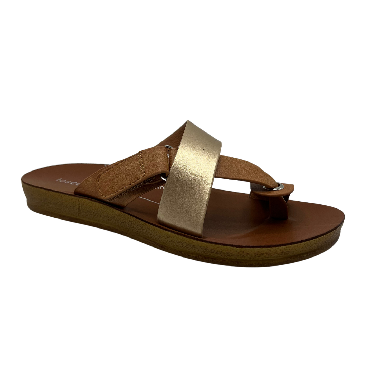 45 degree angled view of brown and gold strapped sandal with toe strap and velcro closure