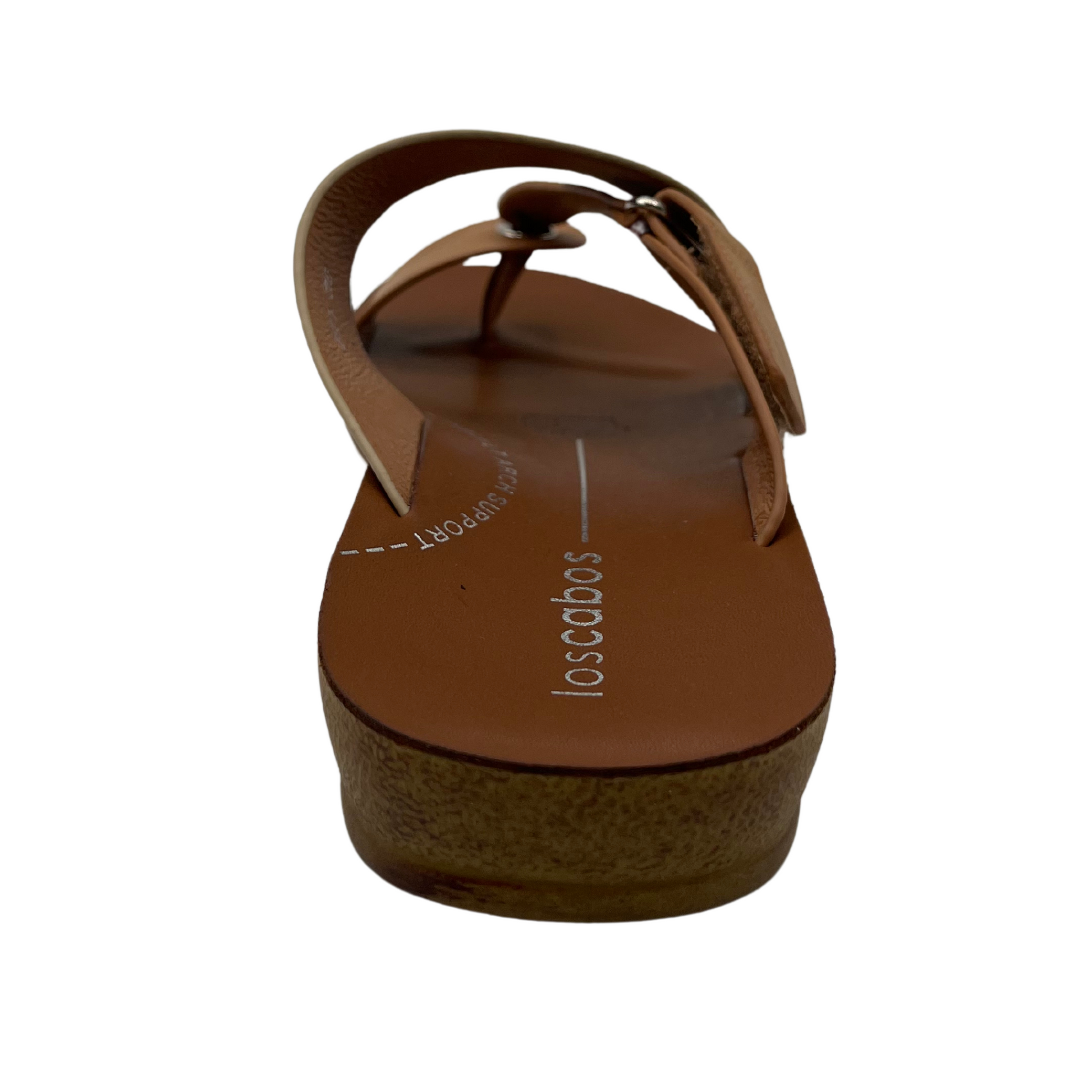 Back view of brown and gold strapped sandal with toe strap and velcro closure
