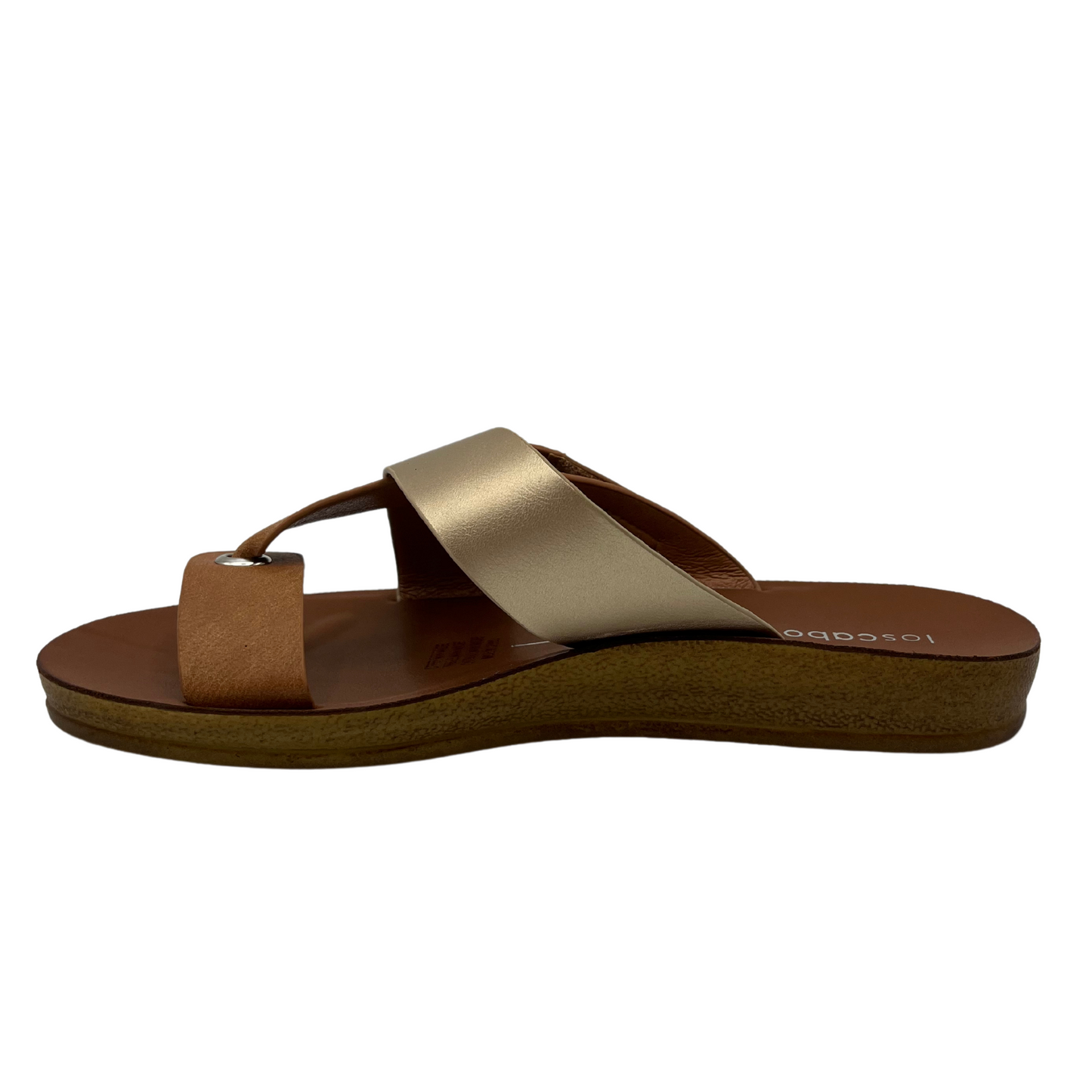 Left facing view of brown and gold strapped sandal with toe strap and velcro closure