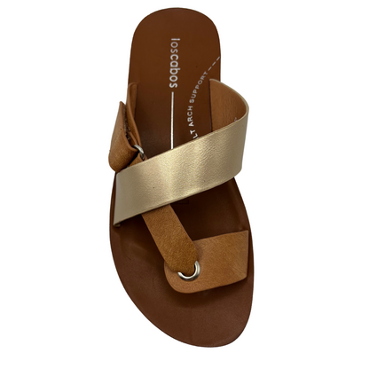 Top view of brown and gold strapped sandal with toe strap and velcro closure