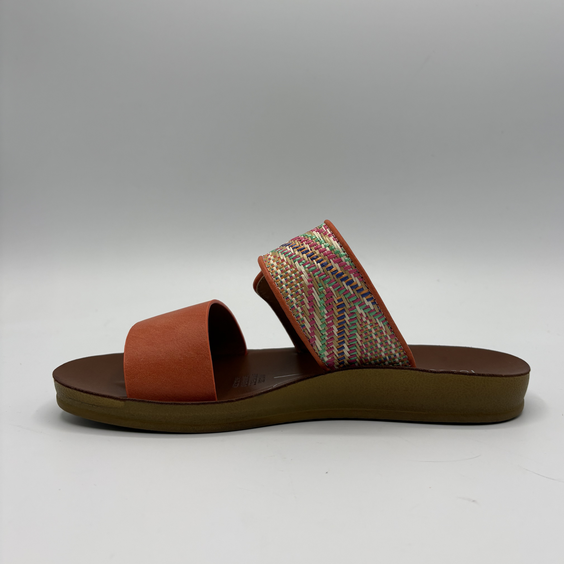 Left view of a tangerine coloured sandal with two straps