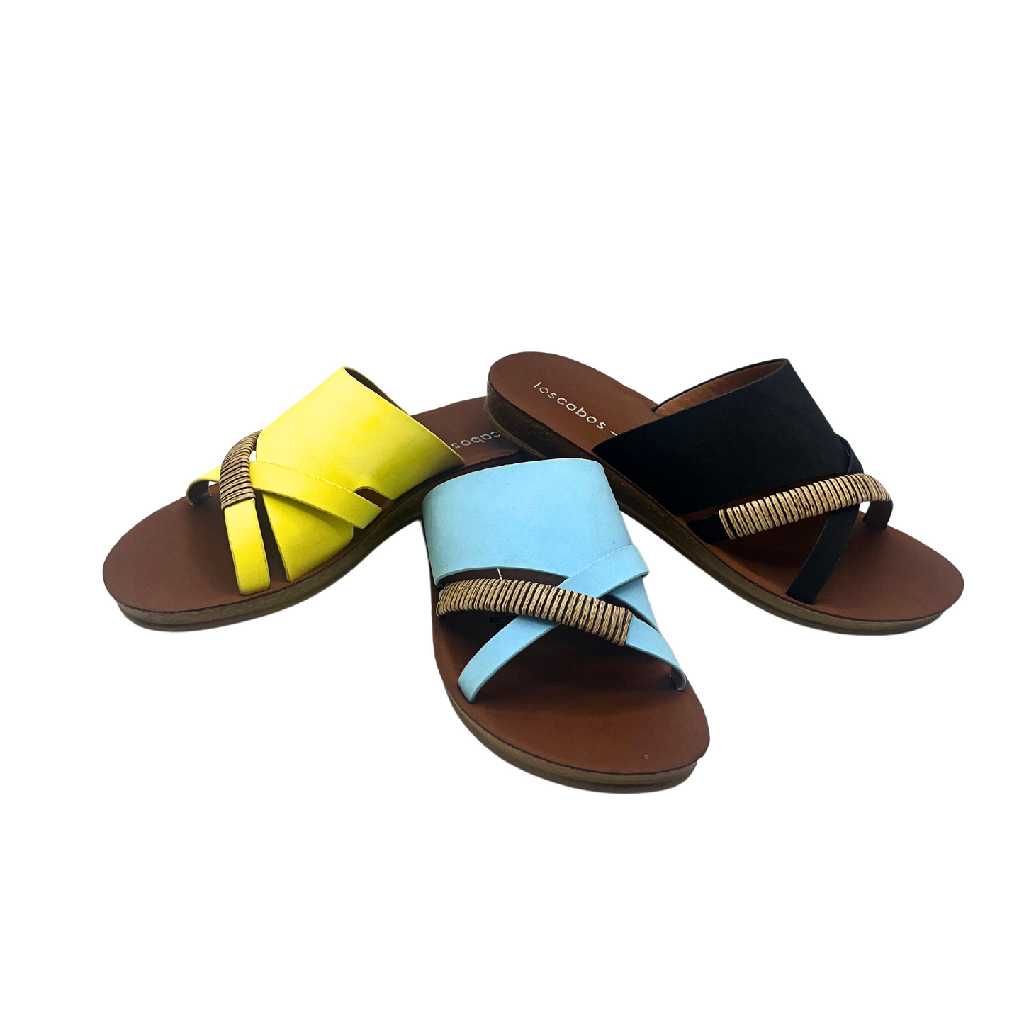 Front view of a flat sandal in 3 colors - yellow, blue and black