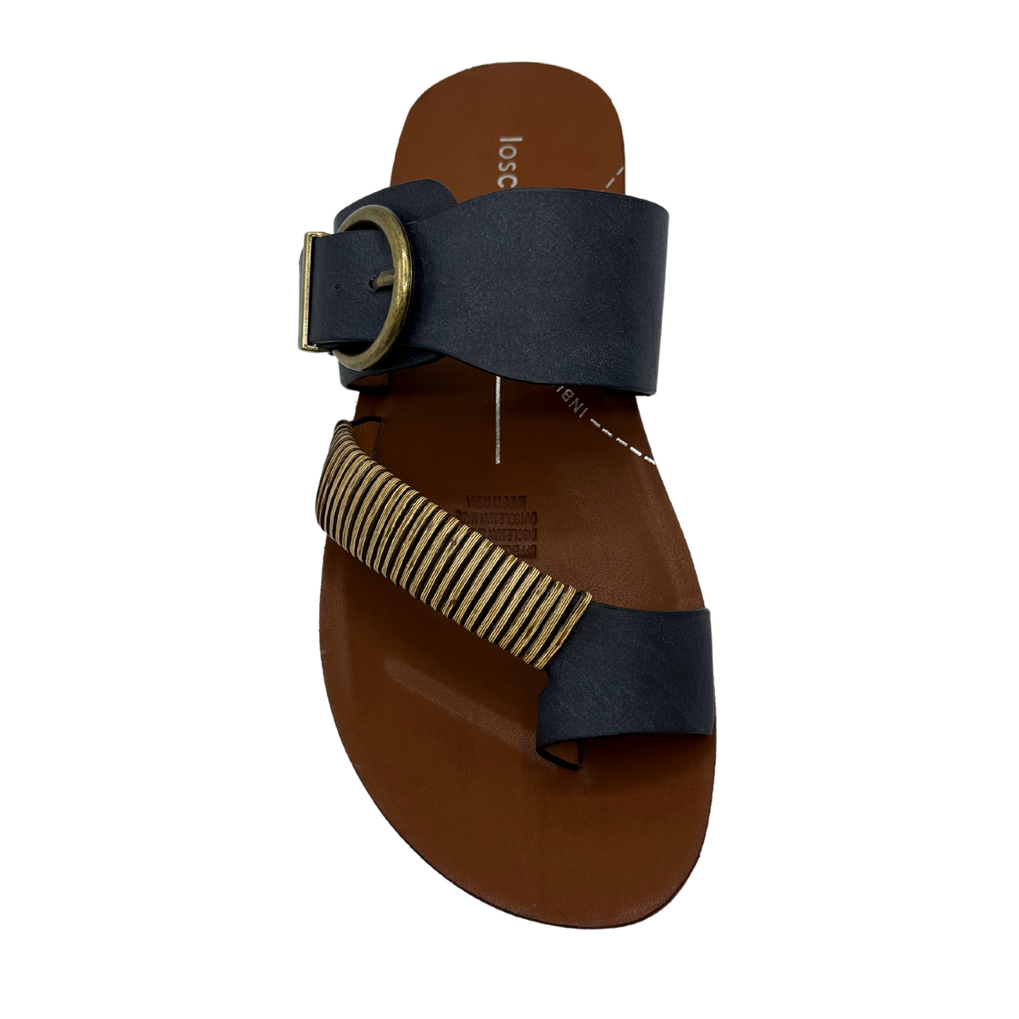 Top view of navy leather sandal with gold buckle and brown insole