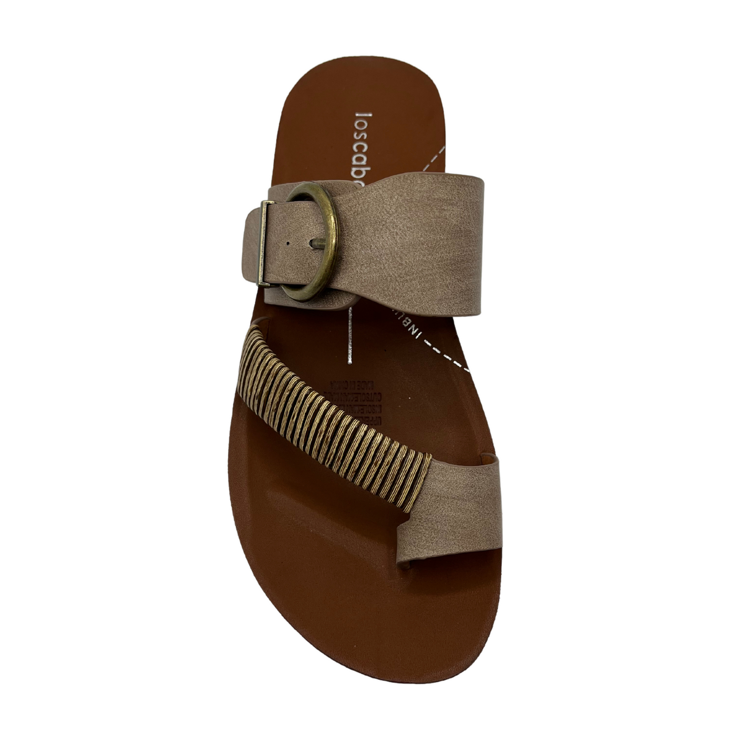 Top view of taupe leather sandal with gold buckle and brown insole