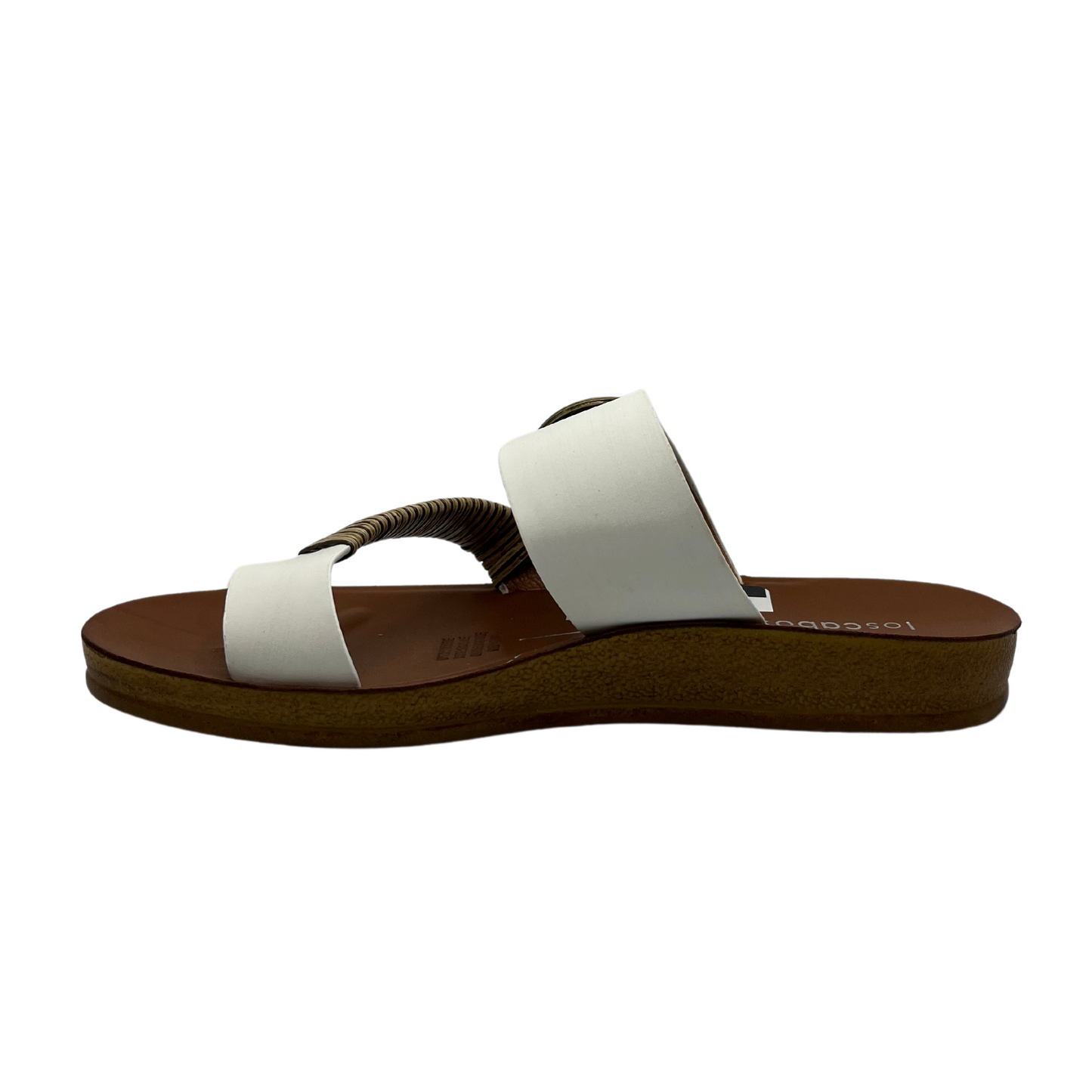 Left facing view of white leather sandal with gold buckle and brown insole