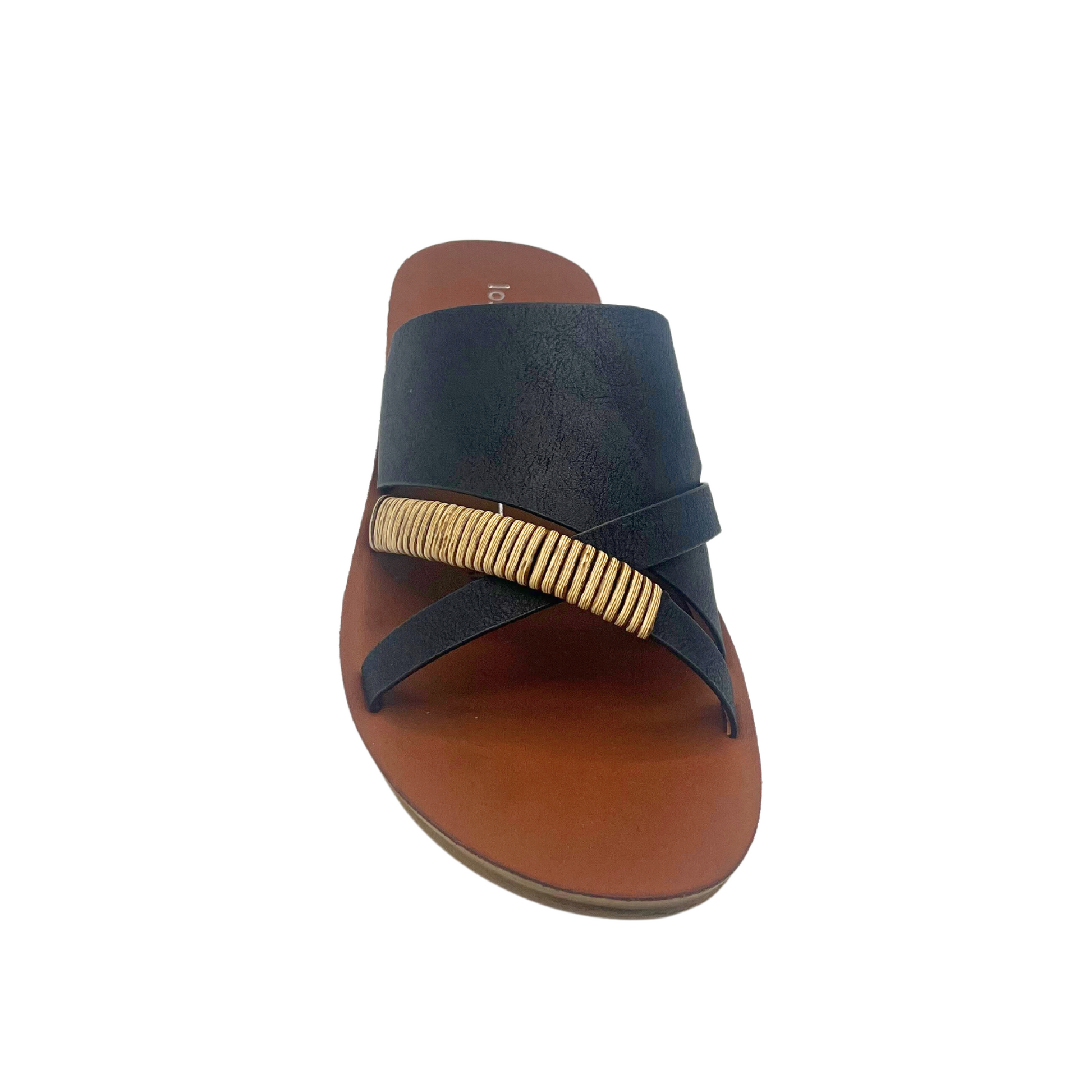 Top down view of a slip on sandal in black leather with a metallic detail on one of the front straps