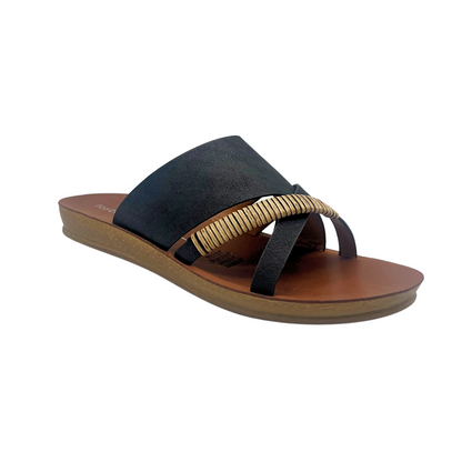 Angled front view of a slip on sandal in black leather with a metallic detail across the top.