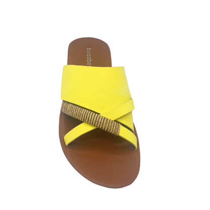 Top down view of a flat sandal in a bright yellow.  Slip on style.
