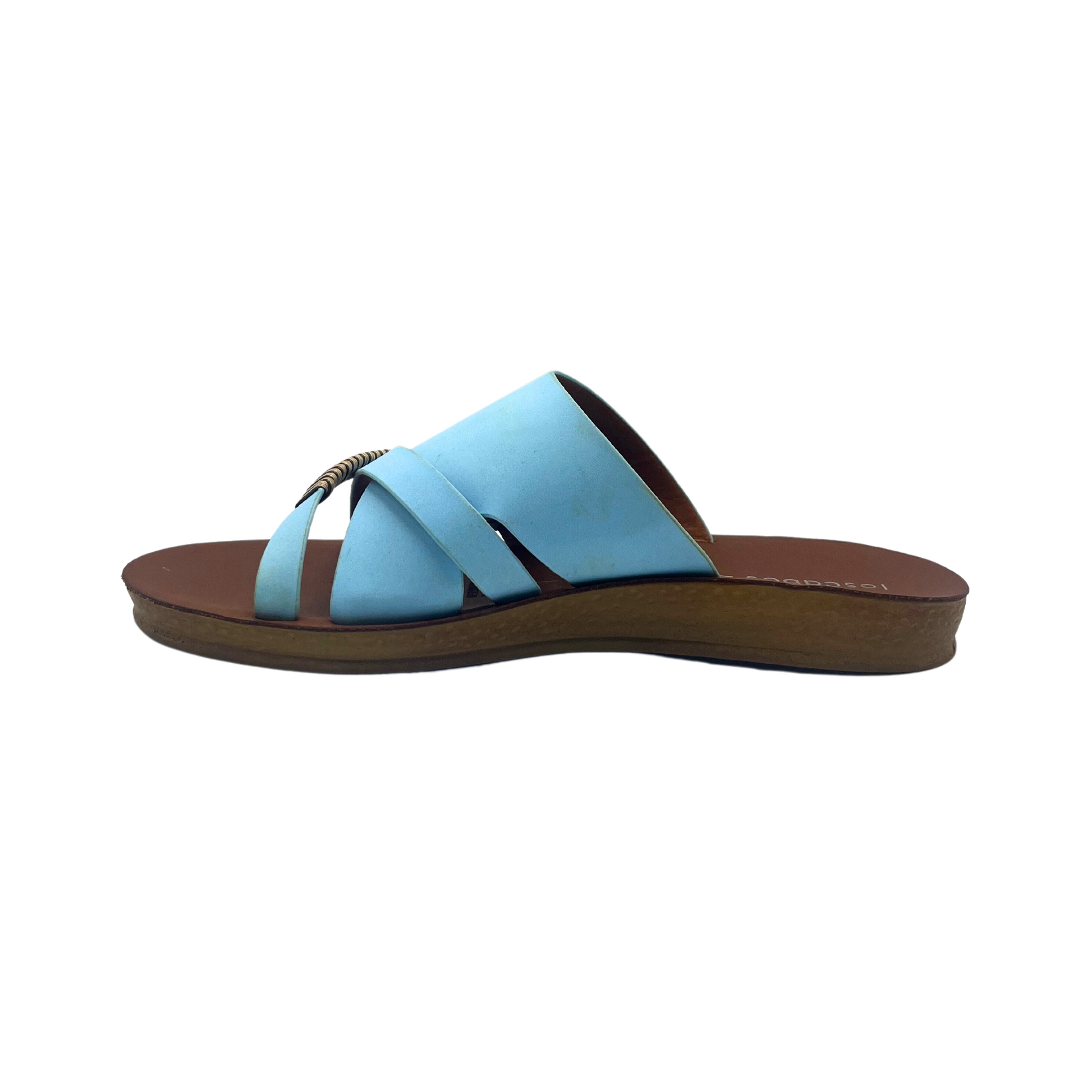 Inside view of a slip on sandal.  Footbed has an ergonomic shape to add comfort and support
