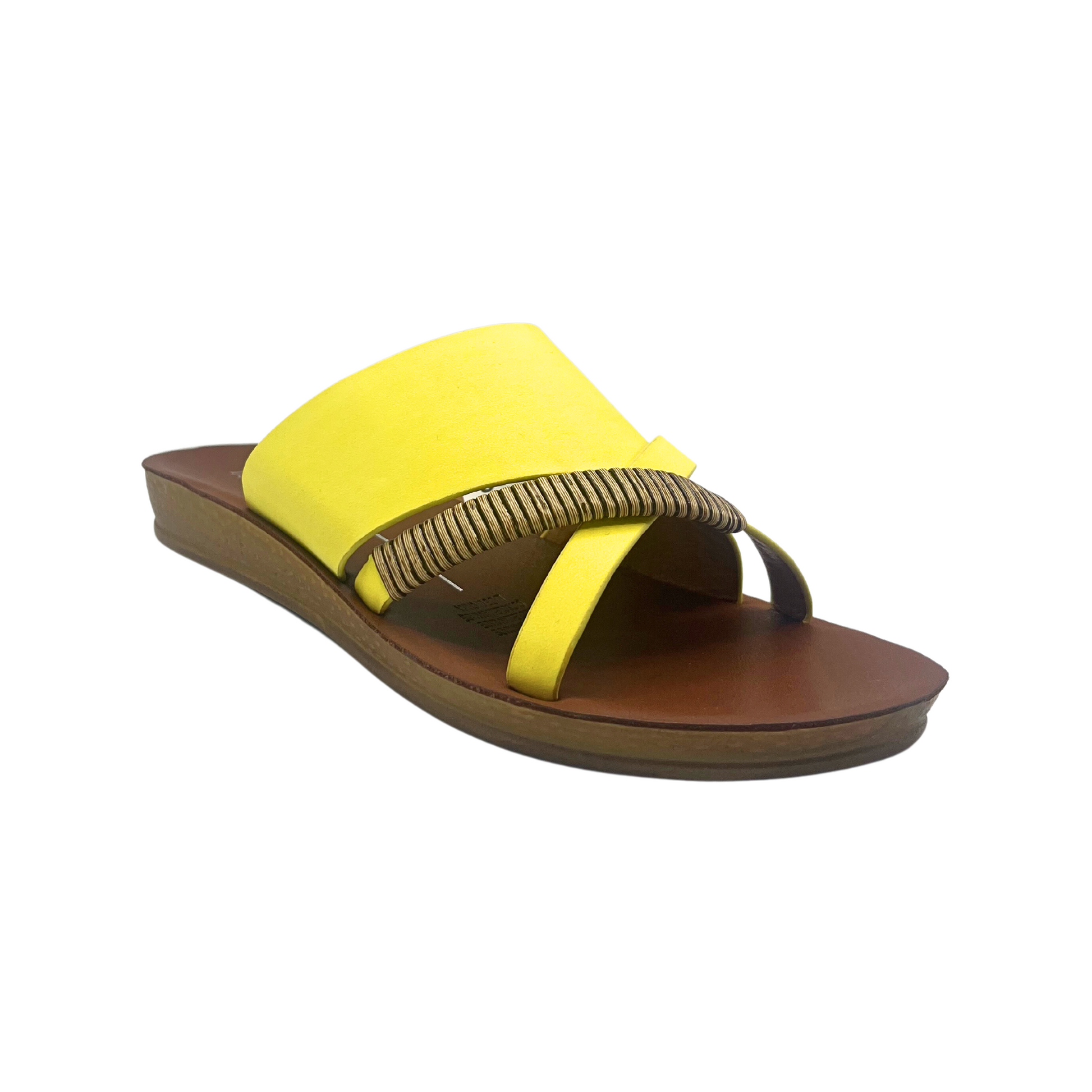 Angled front view of a fun summer sandal.  Essentialy flat, open toe and back.  Bright yellow leather upper 