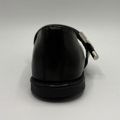 Back view of a black leather ballet flat shoe with silver accents