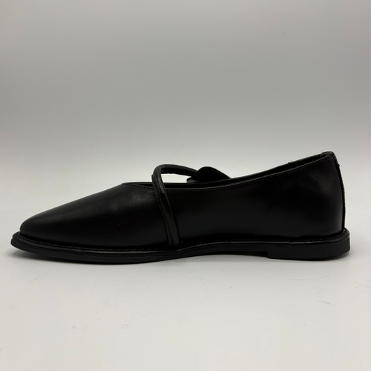 Left facing view of a black leather ballet flat shoe with silver accents