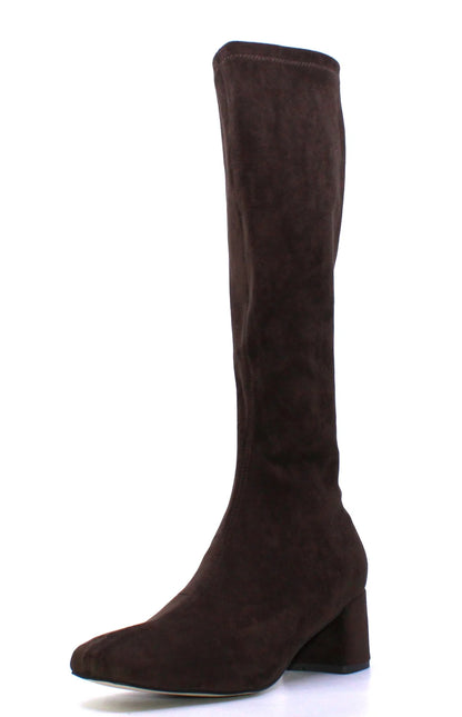 A dark brown suede knee-high boot with a block heel, shown from a side profile on a white background.