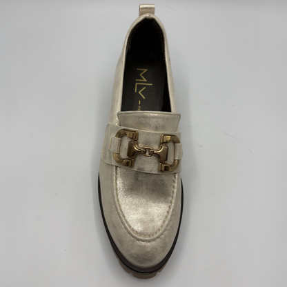 Top view of a metallic leather loafer with a rubber outsol