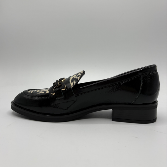 Left view of a black leather loafer with an animal print accent on the toe box and chain detail.