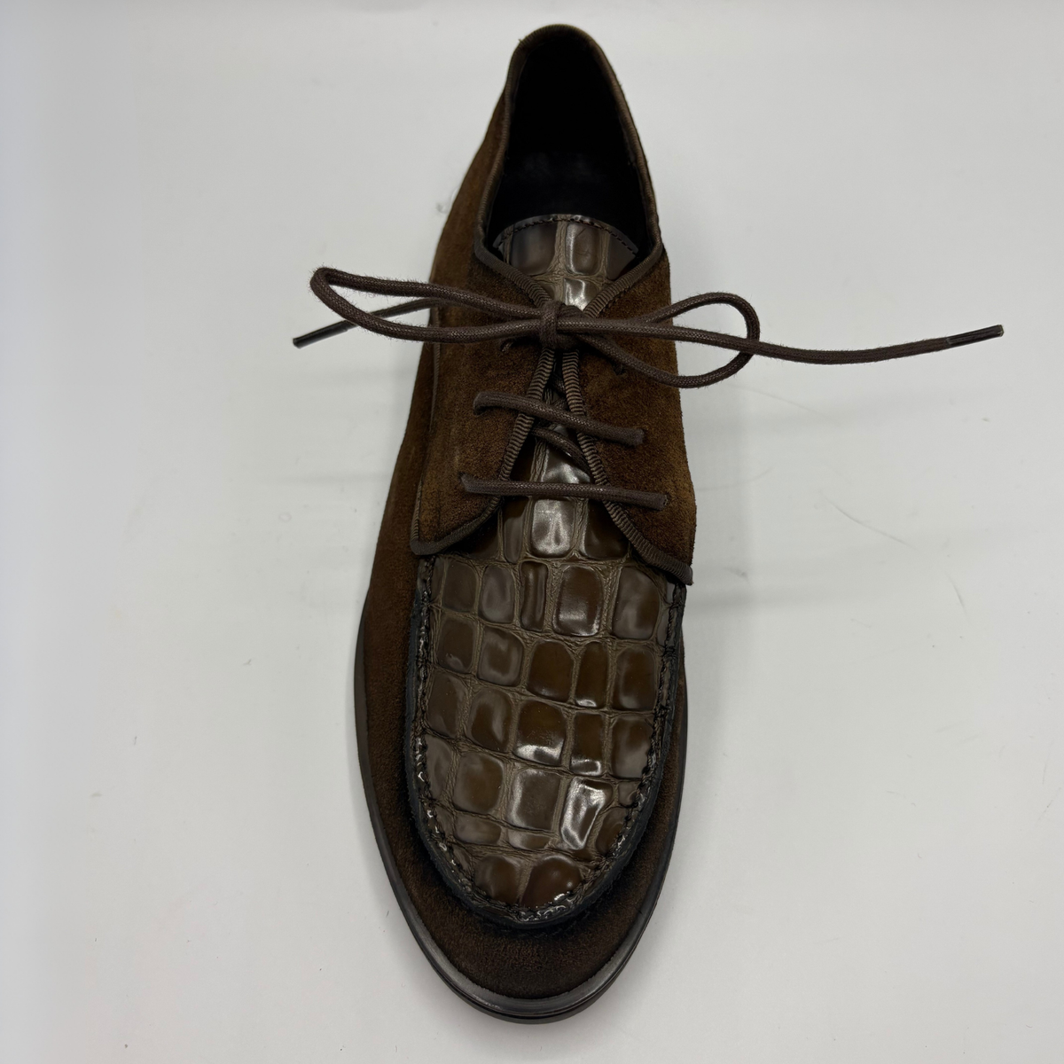 Top  view of a brown oxford shoe with a short stacked heel and matching laces