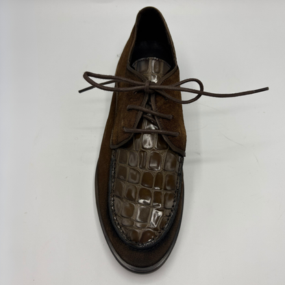 Top  view of a brown oxford shoe with a short stacked heel and matching laces