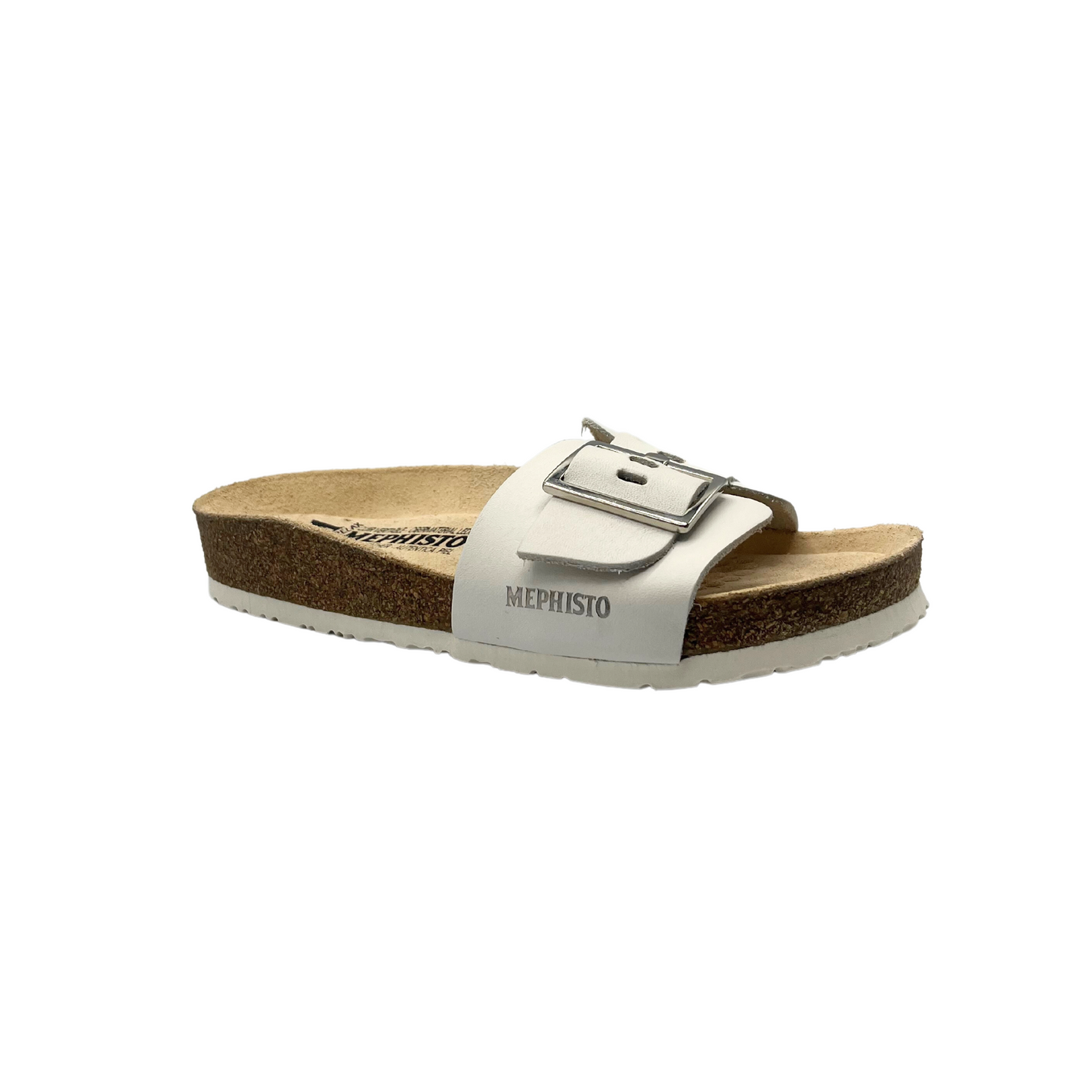 Outside view of a white mule walking sandal.  One wide leather panel at forefoot with adjustable silver buckle.  Ergonomic leather/cork footbed