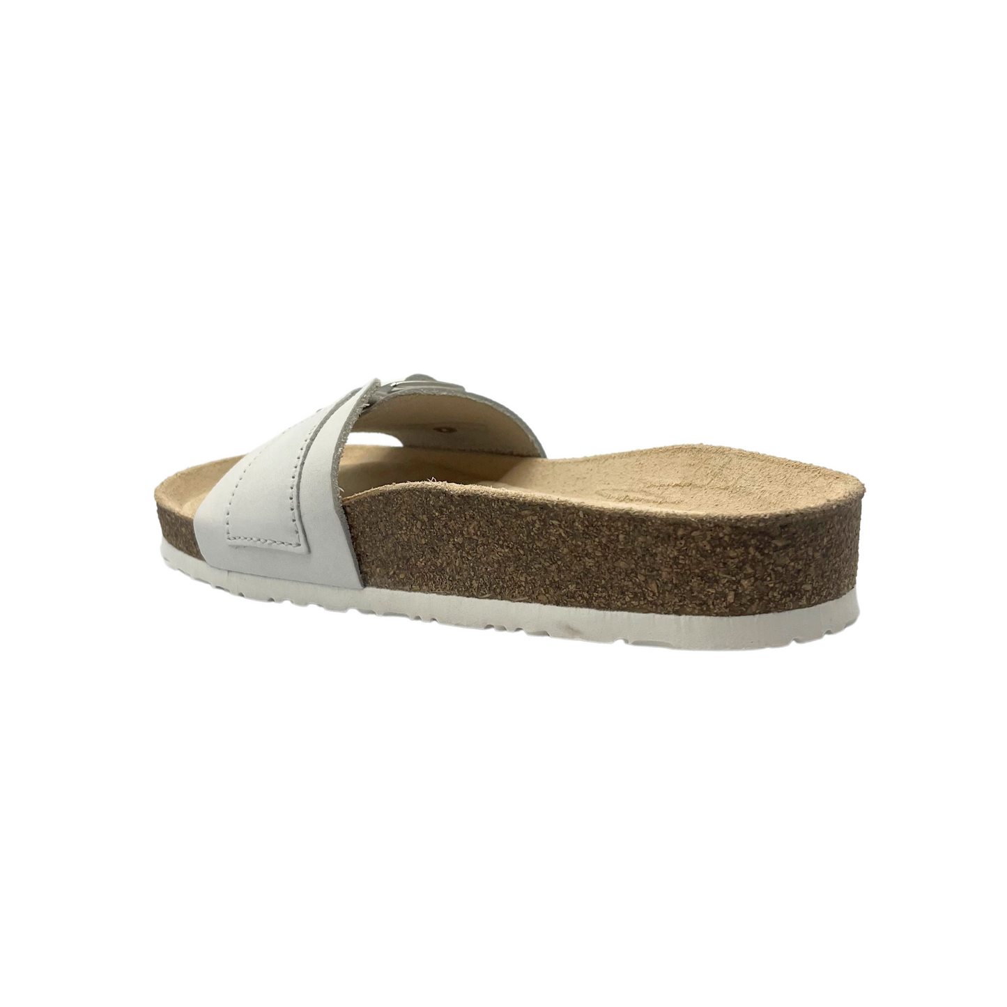 Angled rear view of a white leather walking sandal.  This view shows the leather/cork footbed.  Also shows you the ergonomic shape of the footbed giving great arch support and heel stability