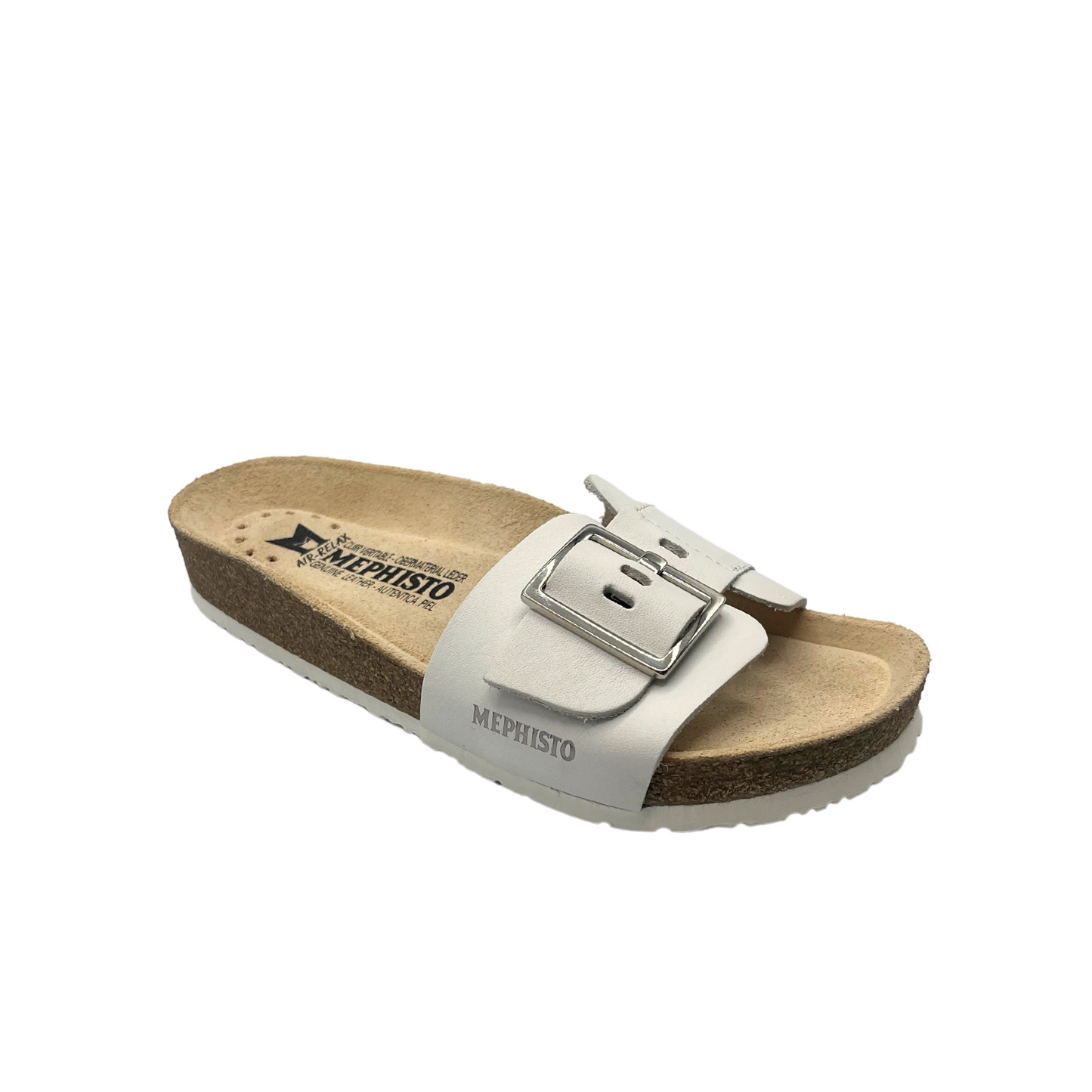 Angled front view of an ergonomic slip on sandal with one wide, adjustable  strap at forefoot.  Shown in white