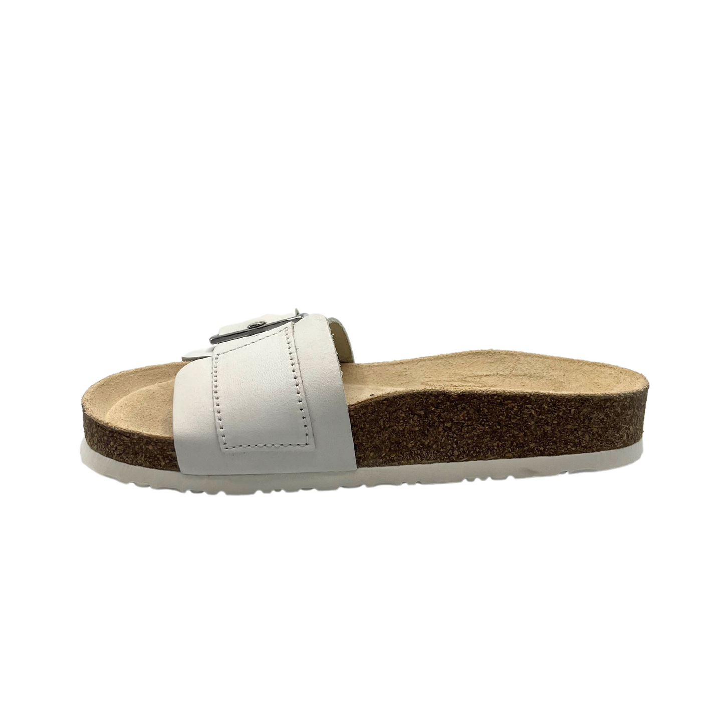 Inside view of a white leather walking sandal with open toe and heel.  Simple in design with one wide panel at forefoot.  This angle shows the great archs upport in the footbed