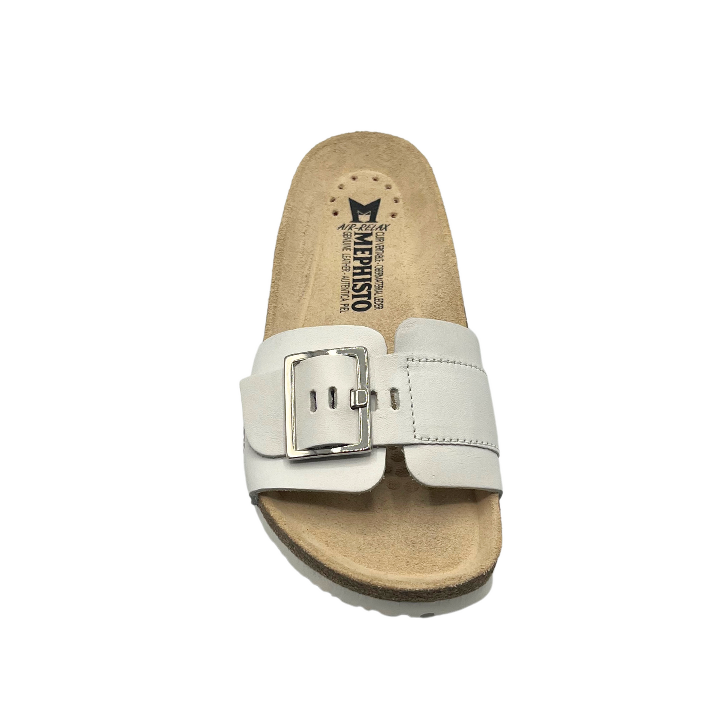 Top down view of a white leather mule with adjustable buckle.  Leather/cork footbed with great arch support and cozy heel cup