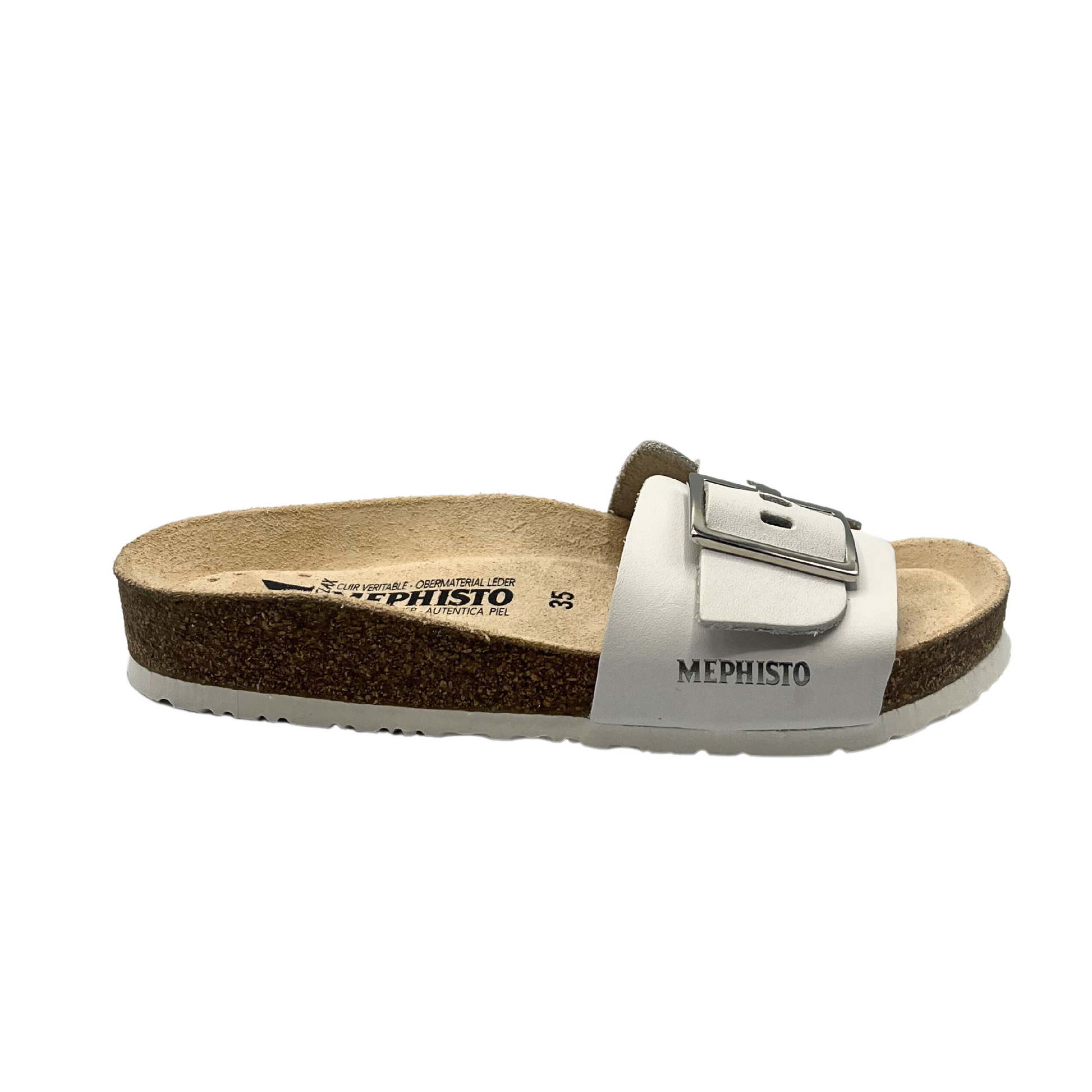 Outside view of a white leather mule walking sandal hi-lighting the ergonimic leather footbed