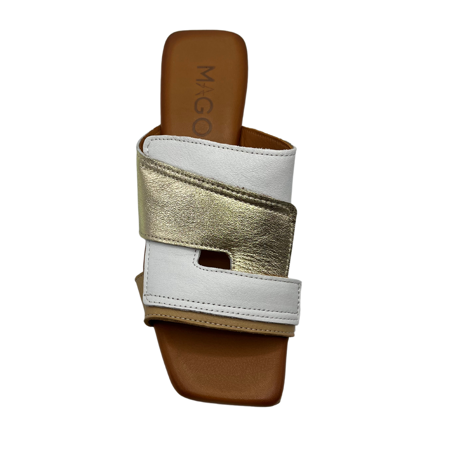 Top view with white, gold and tan leather with a square toe and block heel