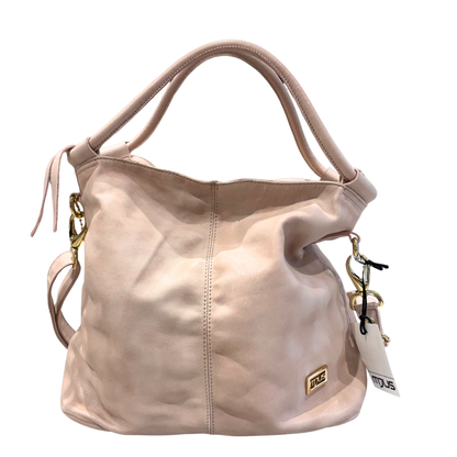 Soft pink handbag with a visible brand tag on a white background