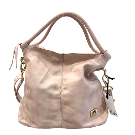 Soft pink handbag with a visible brand tag on a white background