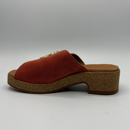 Brown sandal with cork sole on a white background