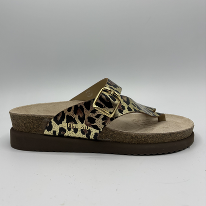 Leopard print sandal with brown buckle on a gray background