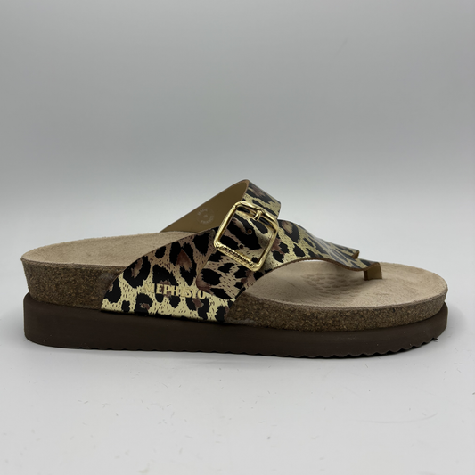 Leopard print sandal with brown buckle on a gray background