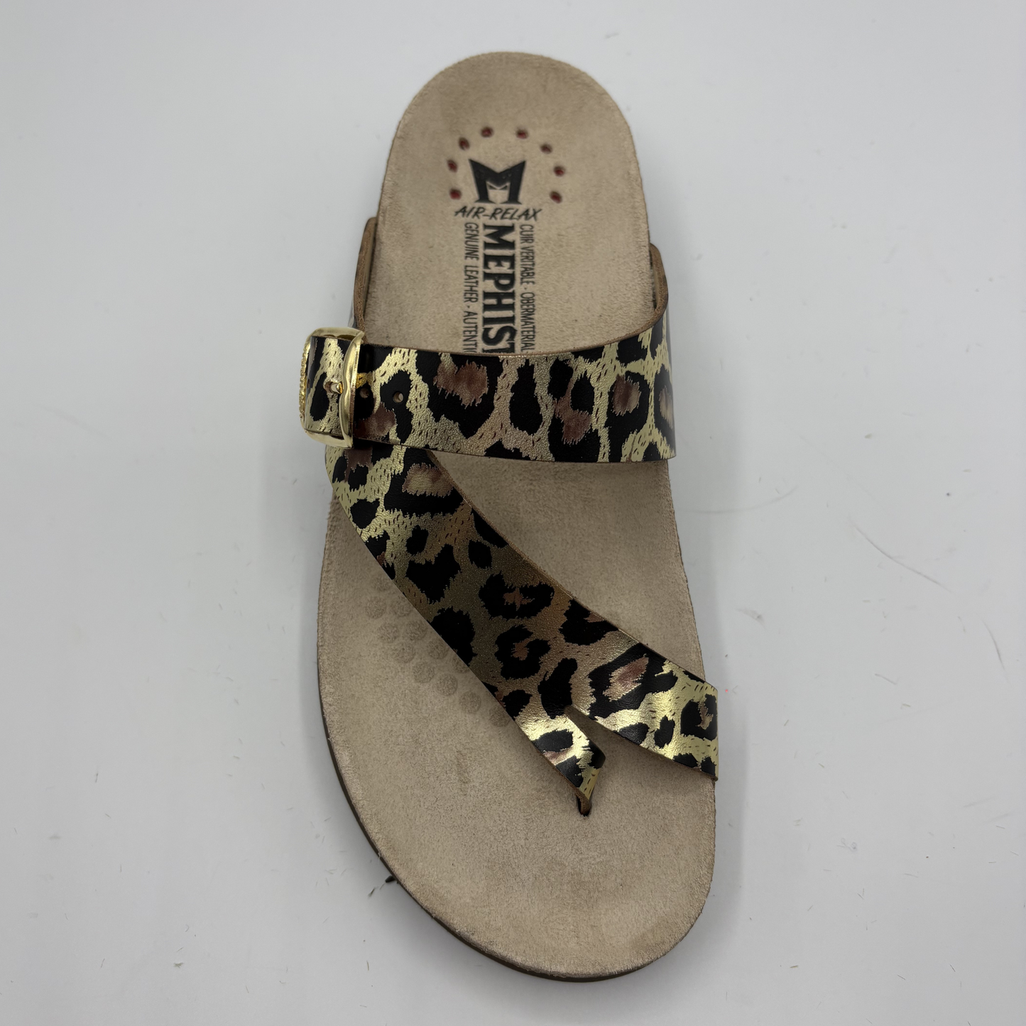 Beige sandal with leopard print strap on a white background