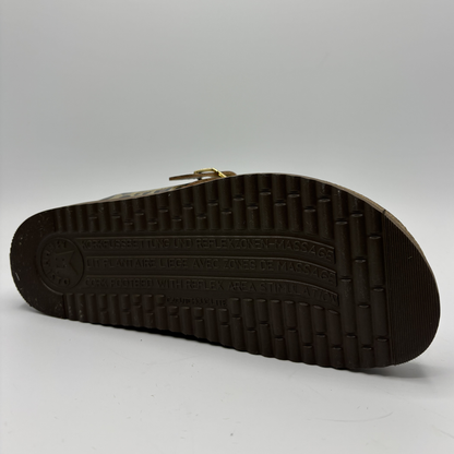 Brown sandal sole with brand logo on a gray background