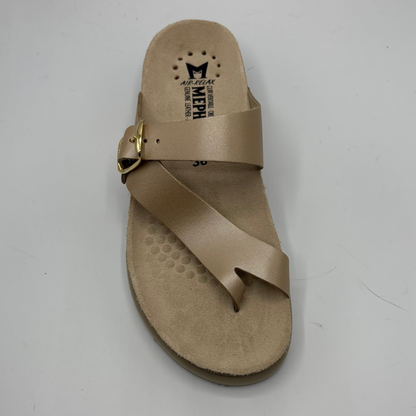 Beige sandal with a strap and buckle on a white background