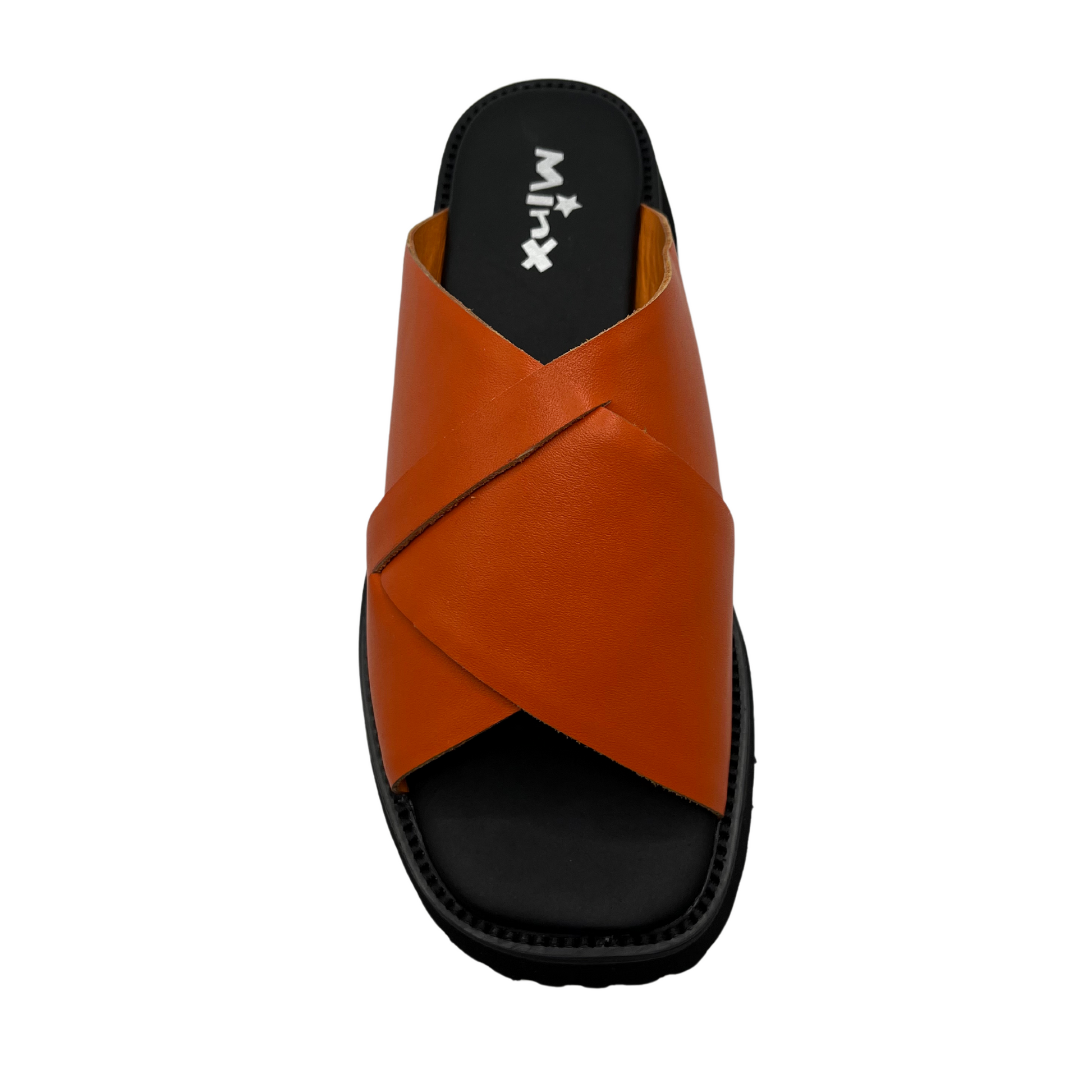 Top view of orange leather sandal with thick black sole, cross over straps and open toe