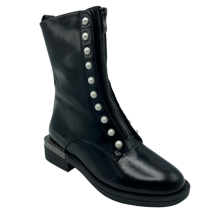 45 degree angled view of black leather over the ankle boot with block heel and pearls on both sides of the zipper up the shaft