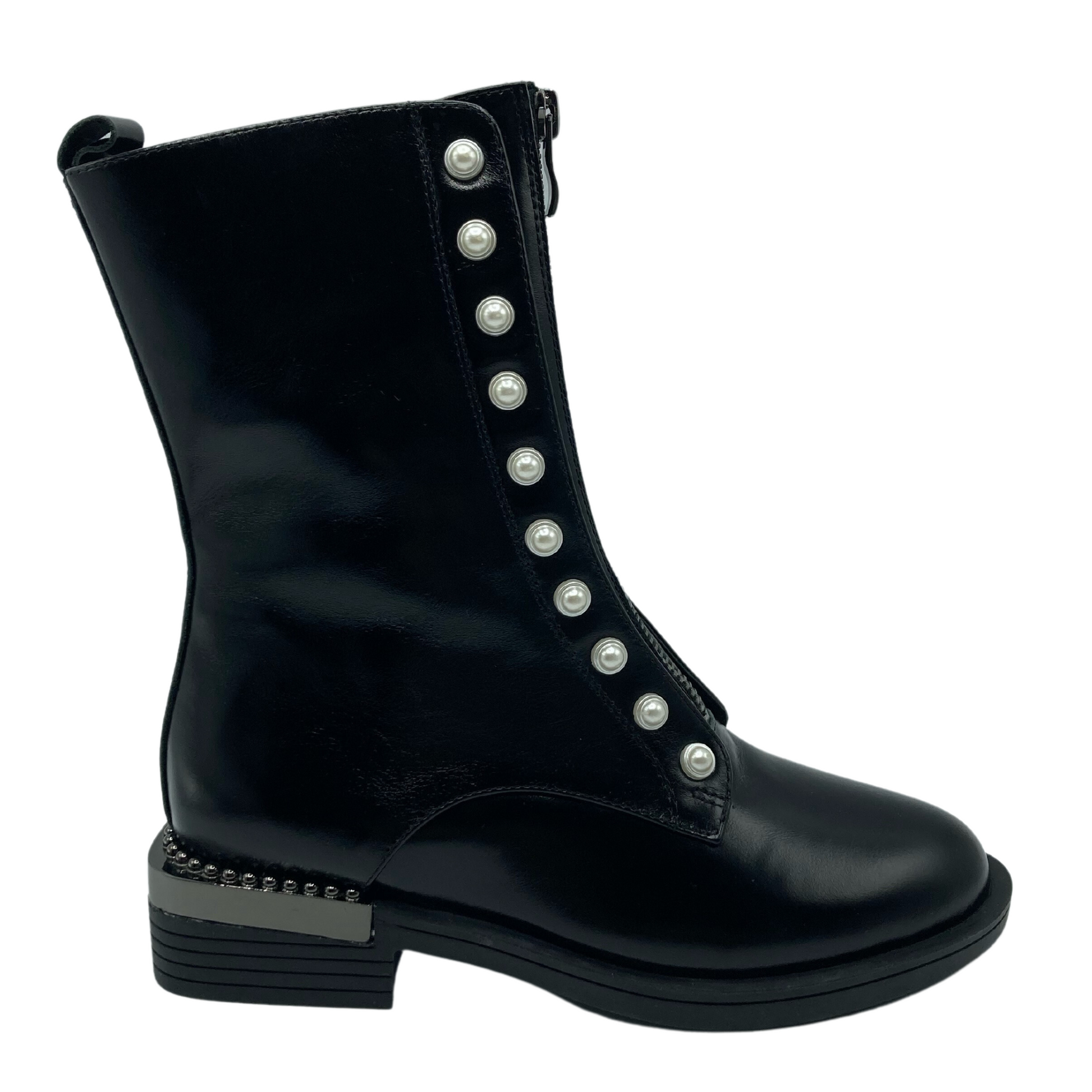 Right facing view of black leather boot with black rubber outsole, block heel and pearls along the front zipper