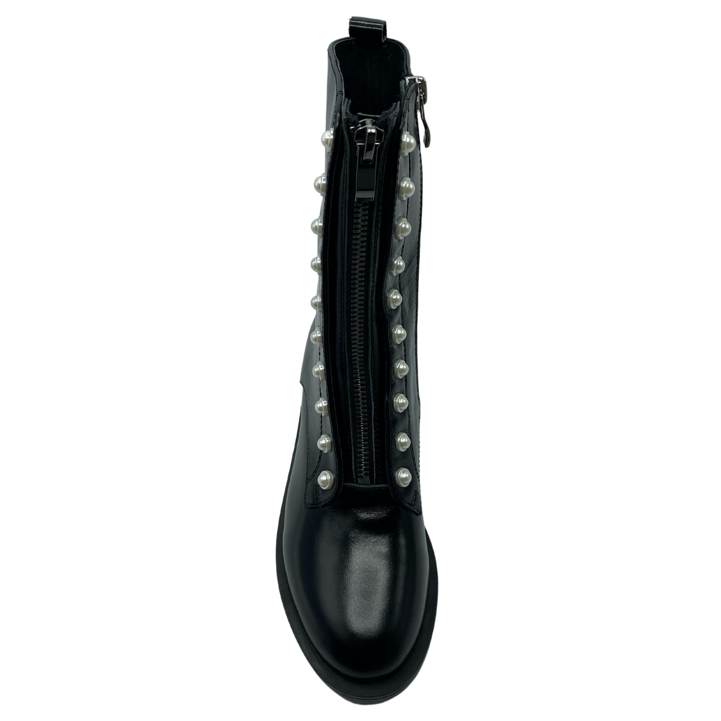 Front view of black leather boot with rounded toe and pearls on either side of front zipper up the shaft